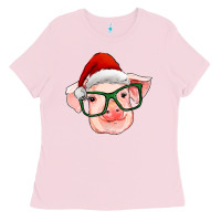 Bubblegum Pink christmas pig with santa claus hat Ladies Tee - RanaPortraitStore