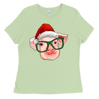 Matcha christmas pig with santa claus hat Ladies Tee - RanaPortraitStore