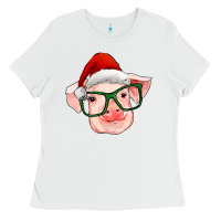 White christmas pig with santa claus hat Ladies Tee - RanaPortraitStore