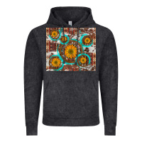 Vintage Black sunflowers and western old wheel aztec cowhide background Vintage Hoodie - Artiststas