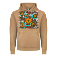 Sunflowers And Western Old Wheel Aztec Cowhide Background Vintage Hoodie | Teevron