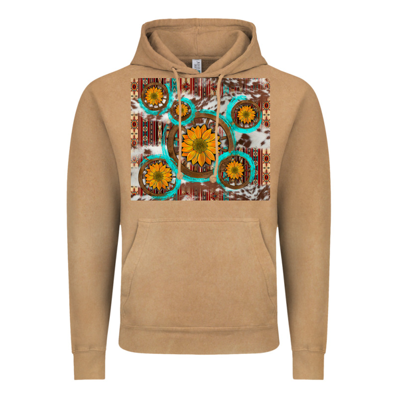 Sunflowers And Western Old Wheel Aztec Cowhide Background Vintage Hoodie by Artiststas | Teevron