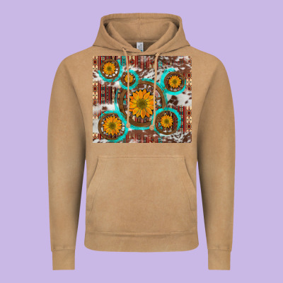 Sunflowers And Western Old Wheel Aztec Cowhide Background Vintage Hoodie Designed By Artiststas