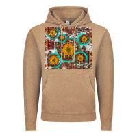 Vintage Coffee sunflowers and western old wheel aztec cowhide background Vintage Hoodie - Artiststas