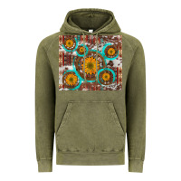 Vintage Olive sunflowers and western old wheel aztec cowhide background Vintage Hoodie - Artiststas