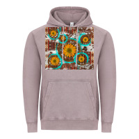Vintage Zinc sunflowers and western old wheel aztec cowhide background Vintage Hoodie - Artiststas