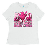 White Boo Scare Away Breast Cancer Ladies Tee - texasbilliewilder