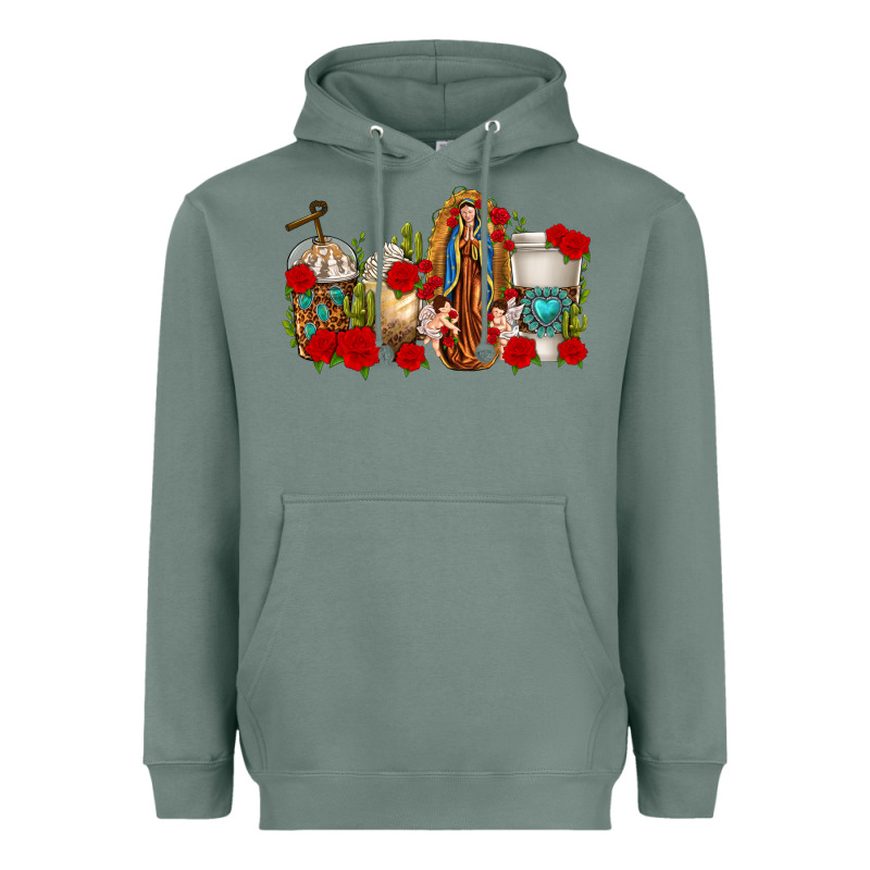 Lady Of Guadalupe Coffee Cups Heavyweight Hoodie by texasbilliewilder | Teevron