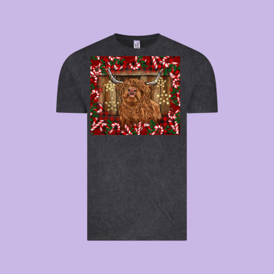 Christmas Highland Cow With Candy Canes Vintage Tee Designed By Barkaloodesign