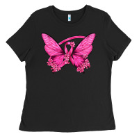 Black Breast Cancer Butterfly Ladies Tee - texasbilliewilder