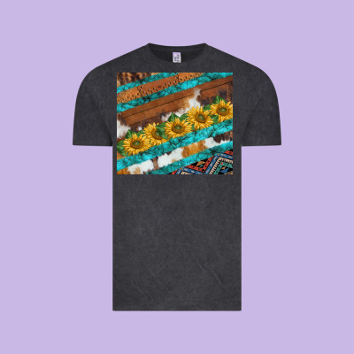 Western Aztec Sunflowers Turquoise Cowhide Vintage Tee Designed By Barkaloodesign