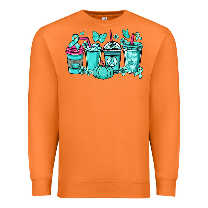 Ovarian Cancer Coffee Cups Teal Ribbon Premium Sweatshirt by NancyCooperArtShop | Teevron