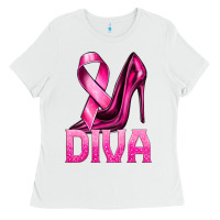 White Breast Cancer Diva Ribbon and Heels Ladies Tee - texasbilliewilder