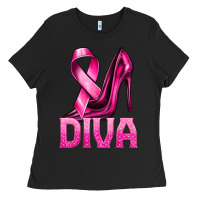 Black Breast Cancer Diva Ribbon and Heels Ladies Tee - texasbilliewilder
