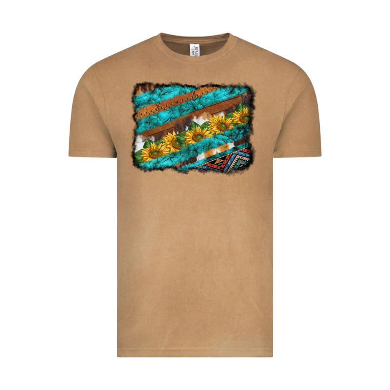 Western Aztec Sunflowers Turquoise Cowhide Background Vintage Tee by BarkalooDesign | Teevron
