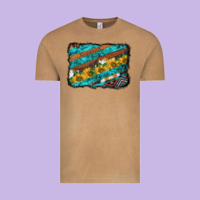 Western Aztec Sunflowers Turquoise Cowhide Background Vintage Tee Designed By Barkaloodesign