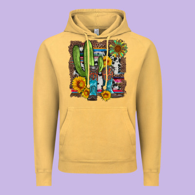 Western Cactus With Cowboy Boots And Sunflowers Vintage Hoodie Designed By Artiststas