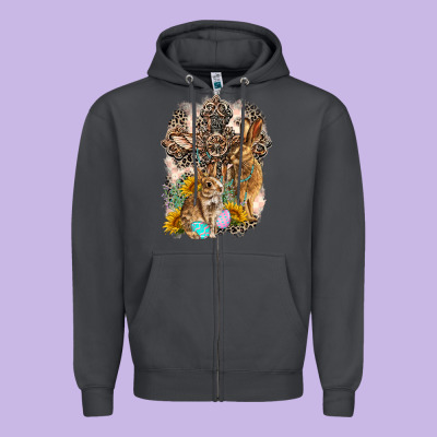 Western Rabbit With Crosses Zipper Hoodie Designed By Lillyallendesigns