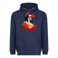 Navy Mexicana Skull Girl with Roses Heavyweight Hoodie - texasbilliewilder