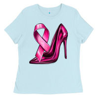 Baby Blue Breast Cancer Ribbon and Heels Ladies Tee - texasbilliewilder