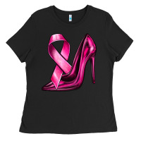 Black Breast Cancer Ribbon and Heels Ladies Tee - texasbilliewilder