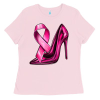 Bubblegum Pink Breast Cancer Ribbon and Heels Ladies Tee - texasbilliewilder