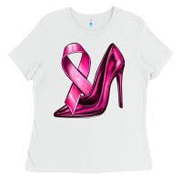 White Breast Cancer Ribbon and Heels Ladies Tee - texasbilliewilder