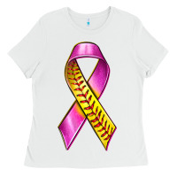 White Breast Cancer Ribbon Softball Ladies Tee - texasbilliewilder
