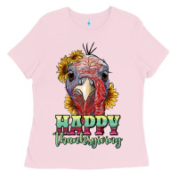 Bubblegum Pink happy thanksgiving turkey Ladies Tee - RanaPortraitStore