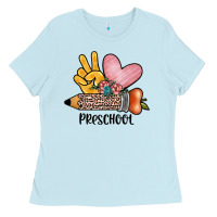 Baby Blue peace love preschool Ladies Tee - JahusDesignShop