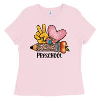 Bubblegum Pink peace love preschool Ladies Tee - JahusDesignShop