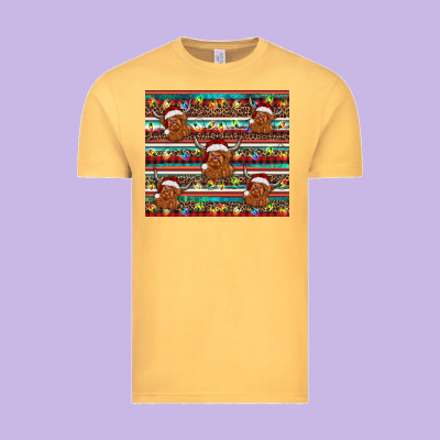 Christmas Turquoise Serape Highland Cow Vintage Tee Designed By Barkaloodesign