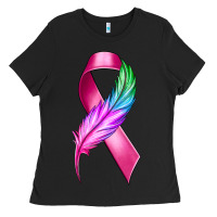 Black Breast Cancer Ribbon with Feather Ladies Tee - texasbilliewilder