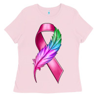 Bubblegum Pink Breast Cancer Ribbon with Feather Ladies Tee - texasbilliewilder