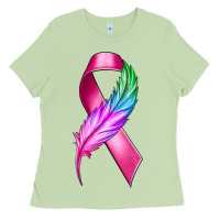 Matcha Breast Cancer Ribbon with Feather Ladies Tee - texasbilliewilder
