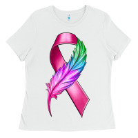 White Breast Cancer Ribbon with Feather Ladies Tee - texasbilliewilder