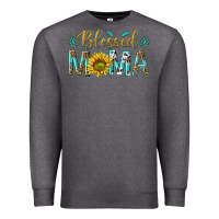 Charcoal Heather Western Blessed Mama with Leopard and Sunflower Premium Sweatshirt - texasbilliewilder