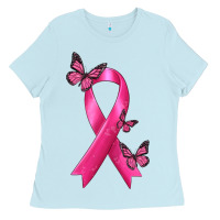Baby Blue Breast Cancer Ribbon with Butterfly Ladies Tee - texasbilliewilder
