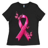 Black Breast Cancer Ribbon with Butterfly Ladies Tee - texasbilliewilder
