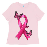 Bubblegum Pink Breast Cancer Ribbon with Butterfly Ladies Tee - texasbilliewilder