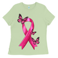Matcha Breast Cancer Ribbon with Butterfly Ladies Tee - texasbilliewilder