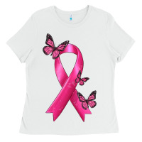 White Breast Cancer Ribbon with Butterfly Ladies Tee - texasbilliewilder