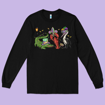 Mardi Gras Alligator Crawfish Pelican Long Sleeve Tee Designed By Maliassmallbusiness