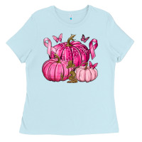 Baby Blue Breast Cancer We Wear Pink with Pumpkin and Ribbon Ladies Tee - texasbilliewilder