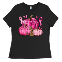 Black Breast Cancer We Wear Pink with Pumpkin and Ribbon Ladies Tee - texasbilliewilder