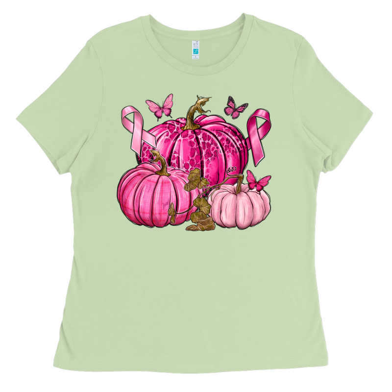 Breast Cancer We Wear Pink With Pumpkin And Ribbon Ladies Tee by texasbilliewilder | Teevron
