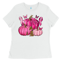 White Breast Cancer We Wear Pink with Pumpkin and Ribbon Ladies Tee - texasbilliewilder