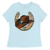 Baby Blue horseshoe cowboy hat Ladies Tee - RanaPortraitStore
