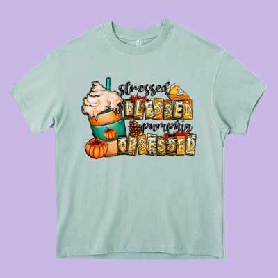 Stressed Blessed Pumpkin Obsessed Heavy Core Tee Designed By Cowhidedigitalart