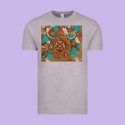 Highland Cow Turquoise Gemstones Western Patterns Vintage Tee Designed By Barkaloodesign